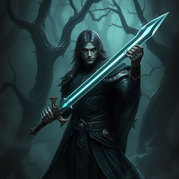 A dark fantasy scene featuring a male fallen aasimar hexblade warlock, intricately designed with radiant but shadowy features, holding an onyx long sword that glimmers ominously in the dim light