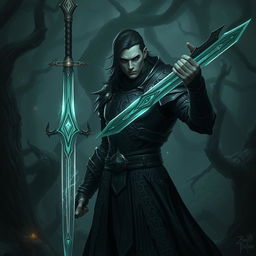 A dark fantasy scene featuring a male fallen aasimar hexblade warlock, intricately designed with radiant but shadowy features, holding an onyx long sword that glimmers ominously in the dim light