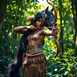 A beautiful centaur woman with an elongated horse torso and upper body of a human