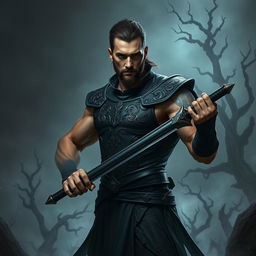A dark fantasy scene featuring a male fallen aasimar hexblade warlock