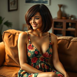 A beautiful 33-year-old woman with a stylish bobcut that flows to her shoulders, slightly concealing her cheeks