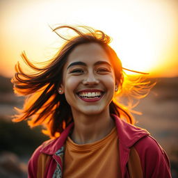 A stunning portrait of a person smiling brightly, showcasing a warm sunset background that adds a golden hue to their face