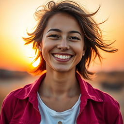 A stunning portrait of a person smiling brightly, showcasing a warm sunset background that adds a golden hue to their face