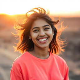 A stunning portrait of a person smiling brightly, showcasing a warm sunset background that adds a golden hue to their face
