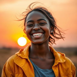 A stunning portrait of a person smiling brightly, showcasing a warm sunset background that adds a golden hue to their face