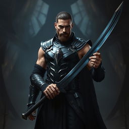A dark fantasy scene featuring a male fallen aasimar hexblade warlock standing confidently