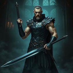 A dark fantasy scene featuring a male fallen aasimar hexblade warlock standing confidently