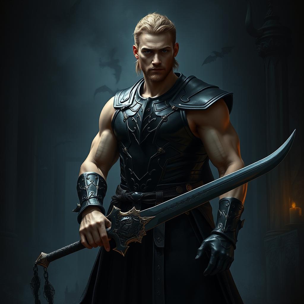 A dark fantasy scene featuring a male fallen aasimar hexblade warlock standing confidently