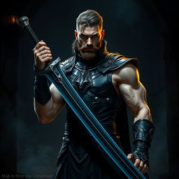 A dark fantasy scene featuring a male fallen aasimar hexblade warlock standing confidently