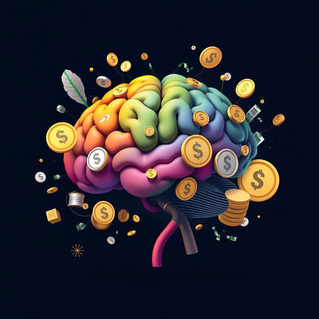 A visually striking representation of the concept of financial education, showcasing a brain intricately intertwined with various symbols of money such as coins, banknotes, and financial charts