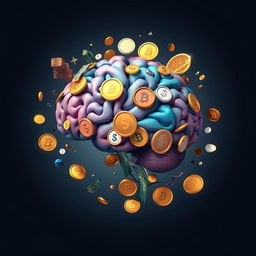 A visually striking representation of the concept of financial education, showcasing a brain intricately intertwined with various symbols of money such as coins, banknotes, and financial charts