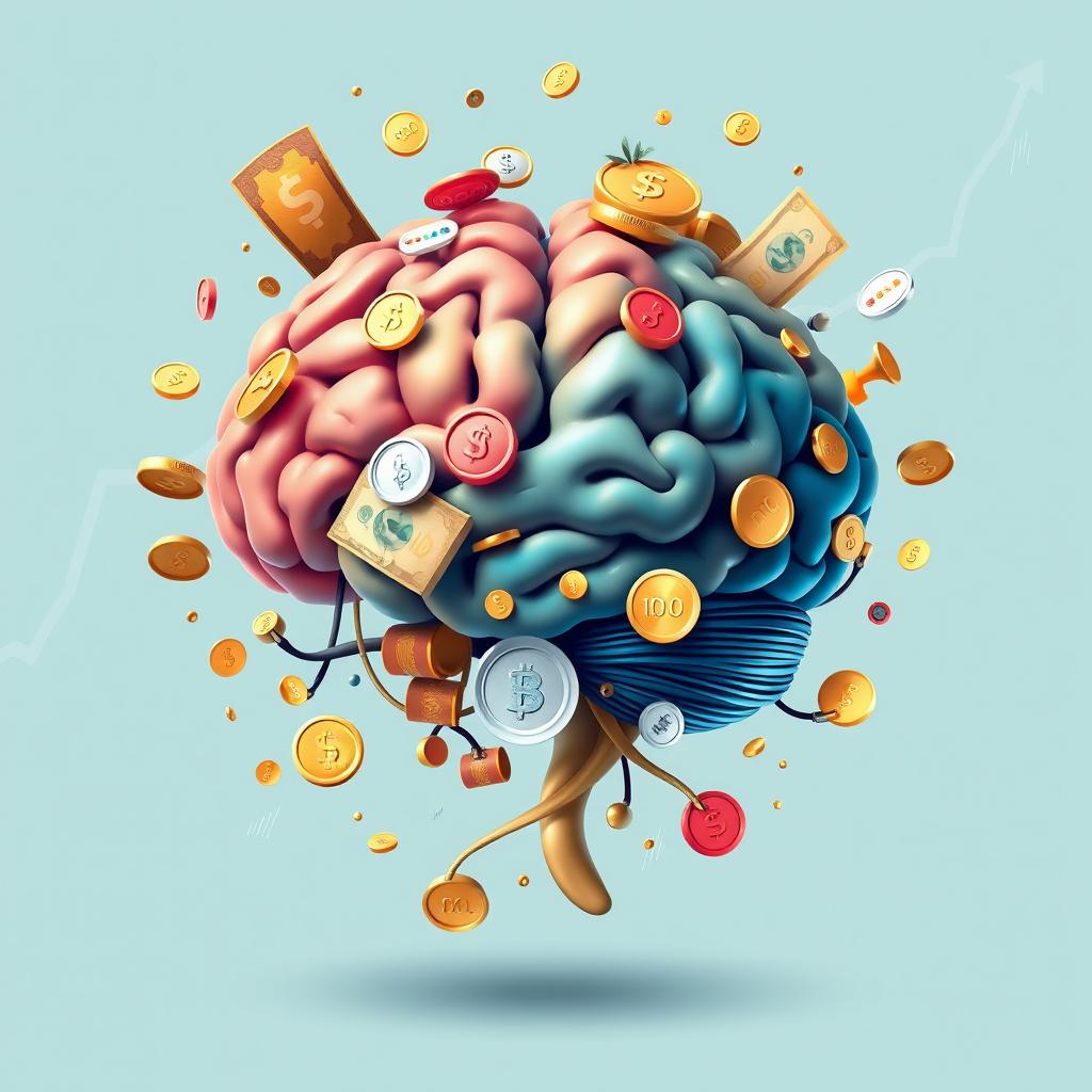 A visually striking representation of the concept of financial education, showcasing a brain intricately intertwined with various symbols of money such as coins, banknotes, and financial charts