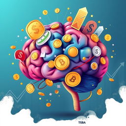 A visually striking representation of the concept of financial education, showcasing a brain intricately intertwined with various symbols of money such as coins, banknotes, and financial charts