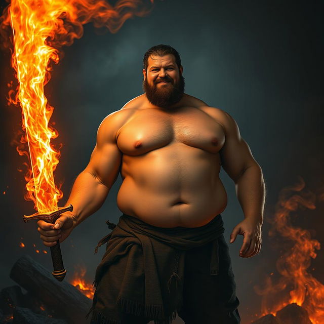 A large-bodied man with a soft physique, lacking visible muscles, confidently holding a fiery sword that blazes with intense orange and red flames