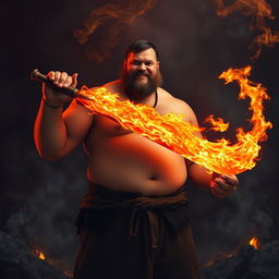 A large-bodied man with a soft physique, lacking visible muscles, confidently holding a fiery sword that blazes with intense orange and red flames