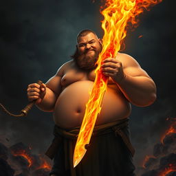 A large-bodied man with a soft physique, lacking visible muscles, confidently holding a fiery sword that blazes with intense orange and red flames