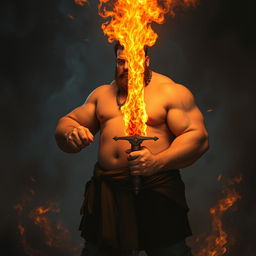 A large-bodied man with a soft physique, lacking visible muscles, confidently holding a fiery sword that blazes with intense orange and red flames