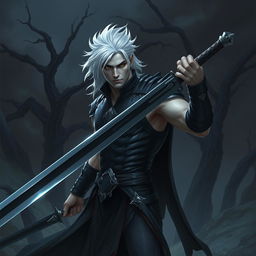 A dark fantasy scene featuring a male fallen aasimar hexblade warlock, exuding an aura of strength and masculinity