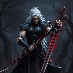 A dark fantasy scene featuring a male fallen aasimar hexblade warlock, exuding an aura of strength and masculinity