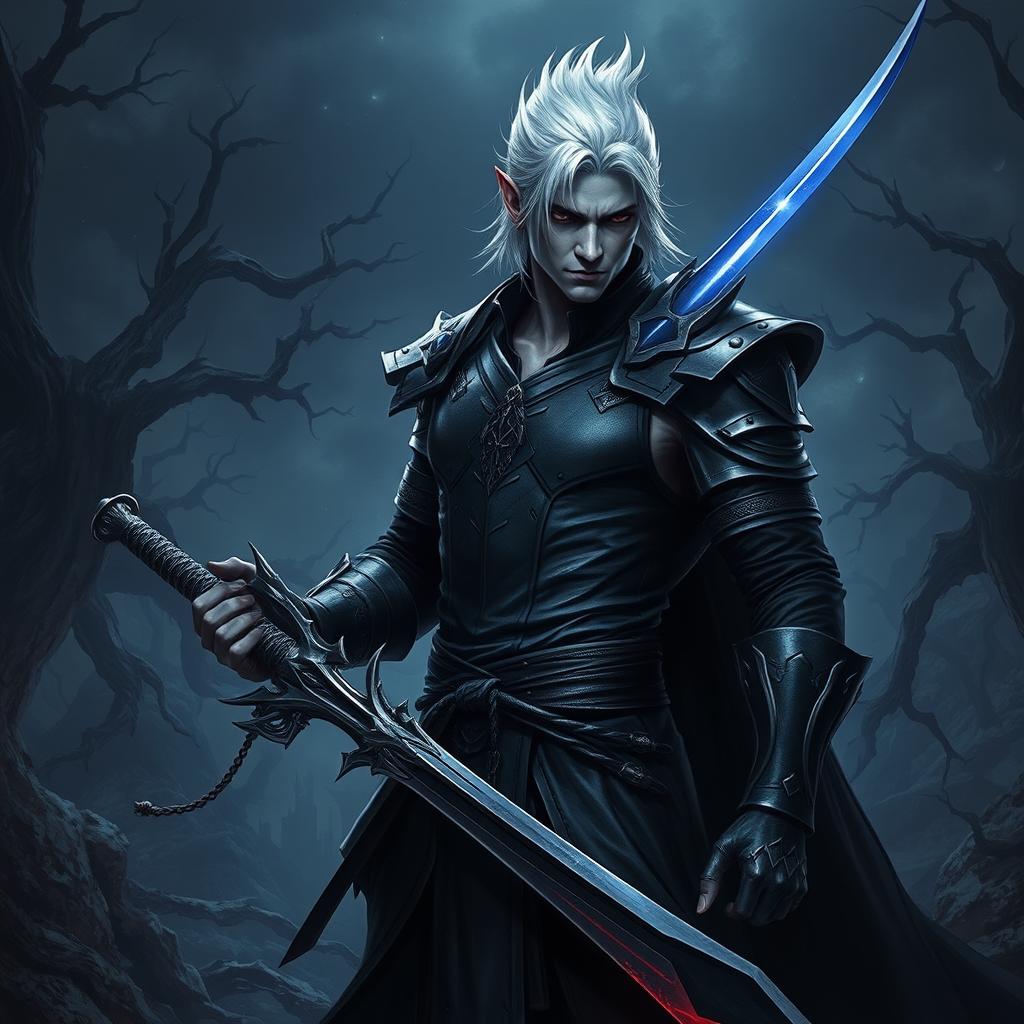 A dark fantasy scene featuring a male fallen aasimar hexblade warlock, exuding an aura of strength and masculinity