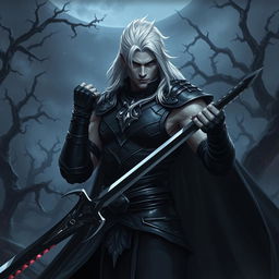 A dark fantasy scene featuring a male fallen aasimar hexblade warlock, exuding an aura of strength and masculinity