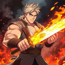 An anime man with a large body, exhibiting soft features and no visible muscles, confidently holds a fiery sword that blazes with vibrant flames