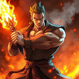 An anime man with a large body, exhibiting soft features and no visible muscles, confidently holds a fiery sword that blazes with vibrant flames