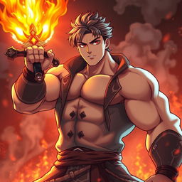 An anime man with a large body, exhibiting soft features and no visible muscles, confidently holds a fiery sword that blazes with vibrant flames