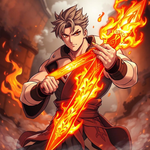 An anime man with a large body, exhibiting soft features and no visible muscles, confidently holds a fiery sword that blazes with vibrant flames