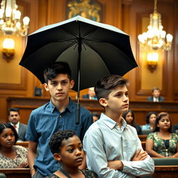 Two nineteen-year-old boys standing together in a courtroom setting