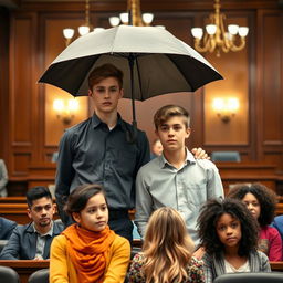 Two nineteen-year-old boys standing together in a courtroom setting