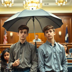 Two nineteen-year-old boys standing together in a courtroom setting