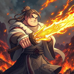 An anime man with a large body and soft, round features, completely lacking visible muscles, holds a magnificent fiery sword that radiates bright flames
