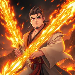An anime man with a large body and soft, round features, completely lacking visible muscles, holds a magnificent fiery sword that radiates bright flames