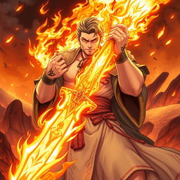 An anime man with a large body and soft, round features, completely lacking visible muscles, holds a magnificent fiery sword that radiates bright flames