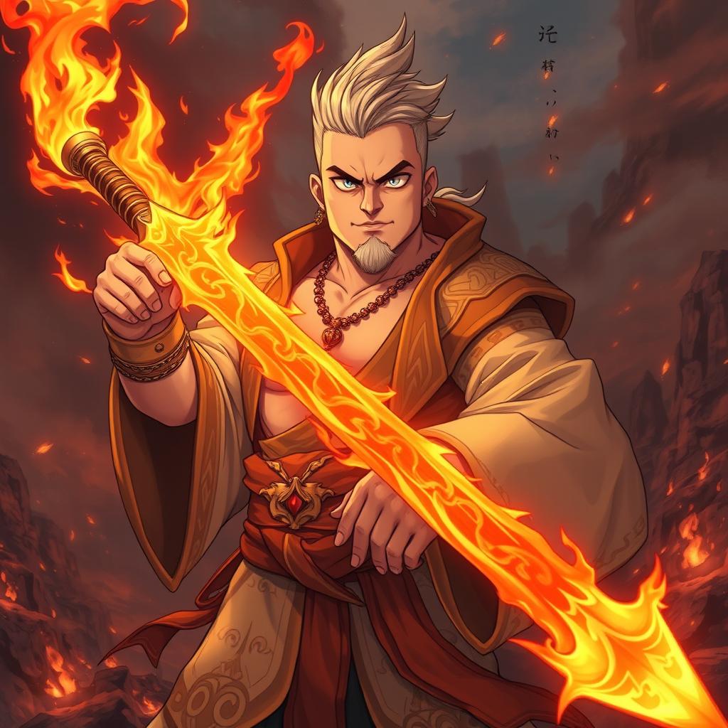 An anime man with a large body and soft, round features, completely lacking visible muscles, holds a magnificent fiery sword that radiates bright flames