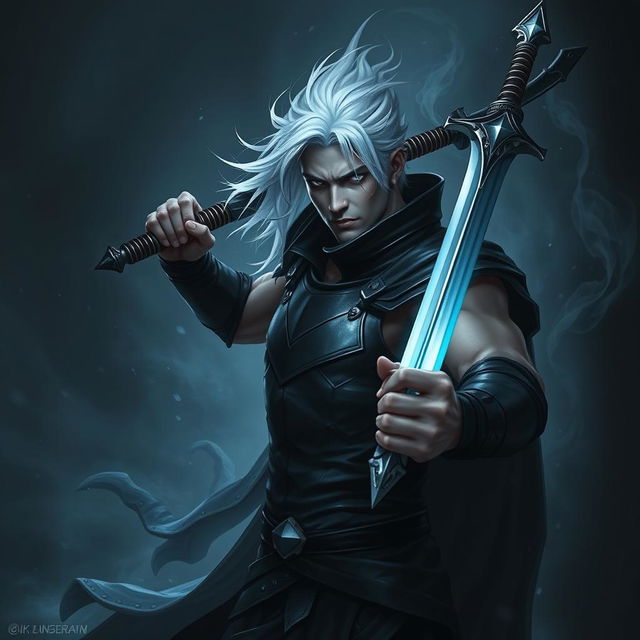 A dark fantasy scene featuring a male fallen aasimar hexblade warlock, exuding a manly presence