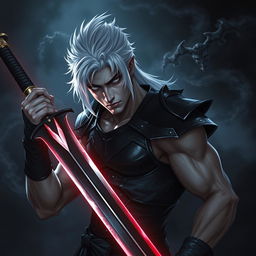 A dark fantasy scene featuring a male fallen aasimar hexblade warlock, exuding a manly presence
