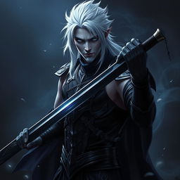 A dark fantasy scene featuring a male fallen aasimar hexblade warlock, exuding a manly presence