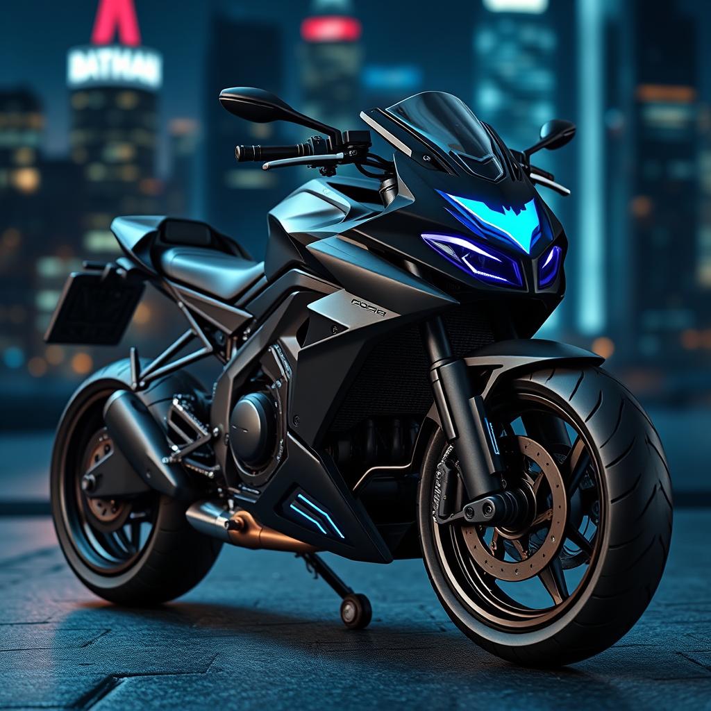 A detailed and stylish model of a motorcycle designed for Batman, featuring a sleek black frame with aerodynamic curves, futuristic high-tech features, glowing blue accents, and the iconic bat symbol prominently displayed