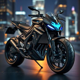 A detailed and stylish model of a motorcycle designed for Batman, featuring a sleek black frame with aerodynamic curves, futuristic high-tech features, glowing blue accents, and the iconic bat symbol prominently displayed