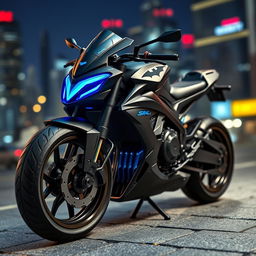 A detailed and stylish model of a motorcycle designed for Batman, featuring a sleek black frame with aerodynamic curves, futuristic high-tech features, glowing blue accents, and the iconic bat symbol prominently displayed