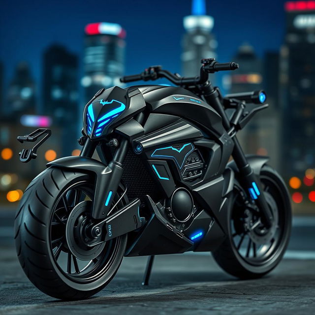 A detailed and stylish model of a motorcycle designed for Batman, featuring a sleek black frame with aerodynamic curves, futuristic high-tech features, glowing blue accents, and the iconic bat symbol prominently displayed