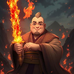 An anime kind man with a large body, possessing soft facial features and no visible muscles, gently holds a magnificent fiery sword that flickers with vibrant flames