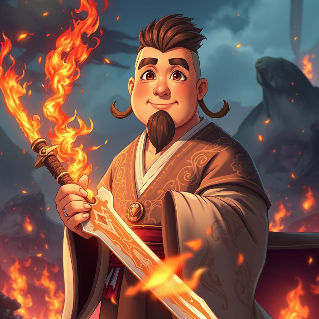 An anime kind man with a large body, possessing soft facial features and no visible muscles, gently holds a magnificent fiery sword that flickers with vibrant flames