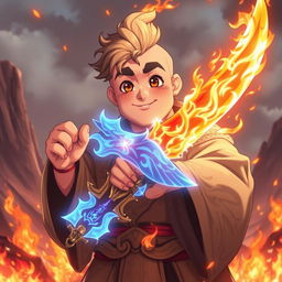 An anime kind man with a large body, possessing soft facial features and no visible muscles, gently holds a magnificent fiery sword that flickers with vibrant flames