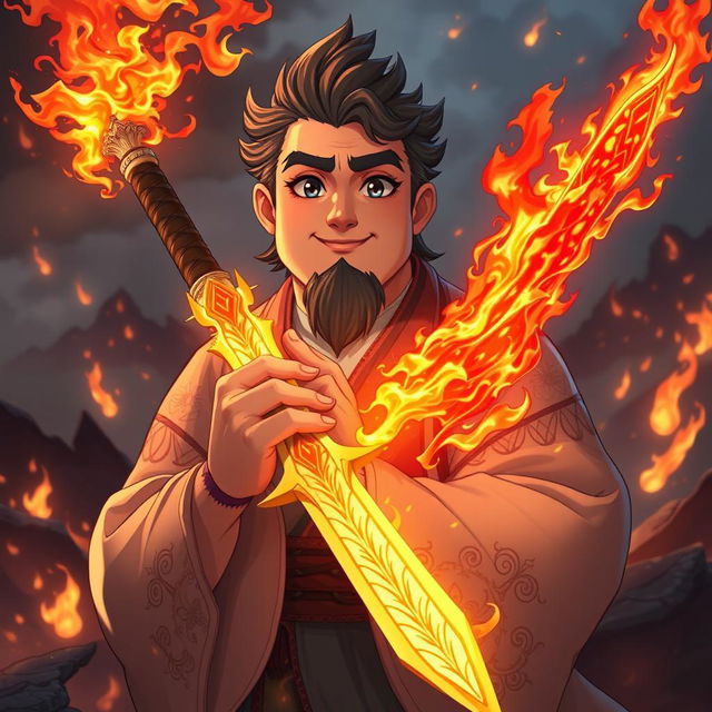 An anime kind man with a large body, possessing soft facial features and no visible muscles, gently holds a magnificent fiery sword that flickers with vibrant flames