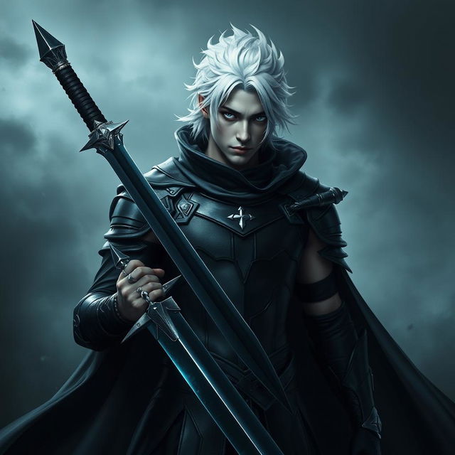 A dark fantasy scene featuring a male fallen aasimar hexblade warlock