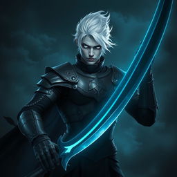 A dark fantasy scene featuring a male fallen aasimar hexblade warlock
