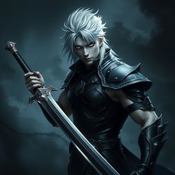 A dark fantasy scene featuring a male fallen aasimar hexblade warlock